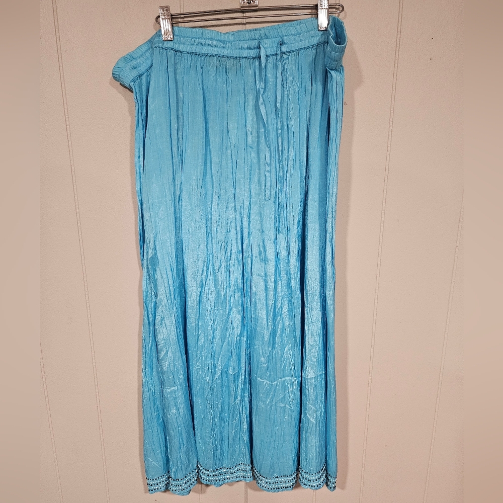 Avenue 18/20 Blue Broomstick Skirt Beaded Hem Elastic Drawstring Waist Boho NWT
